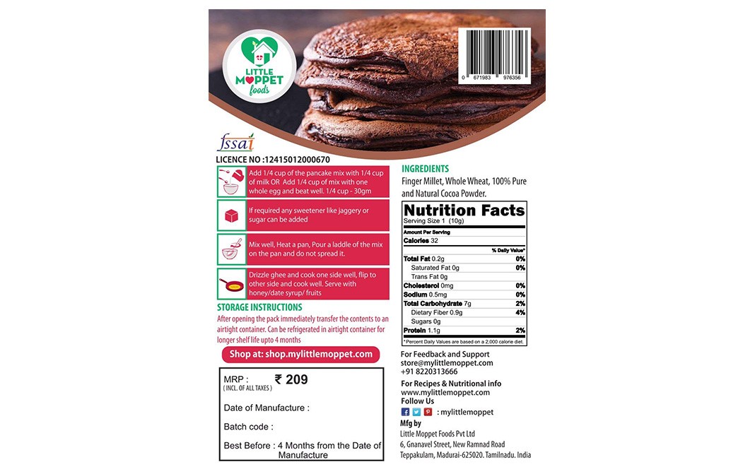 Little Moppet Foods Choco Ragi Pancake Mix   Pack  150 grams